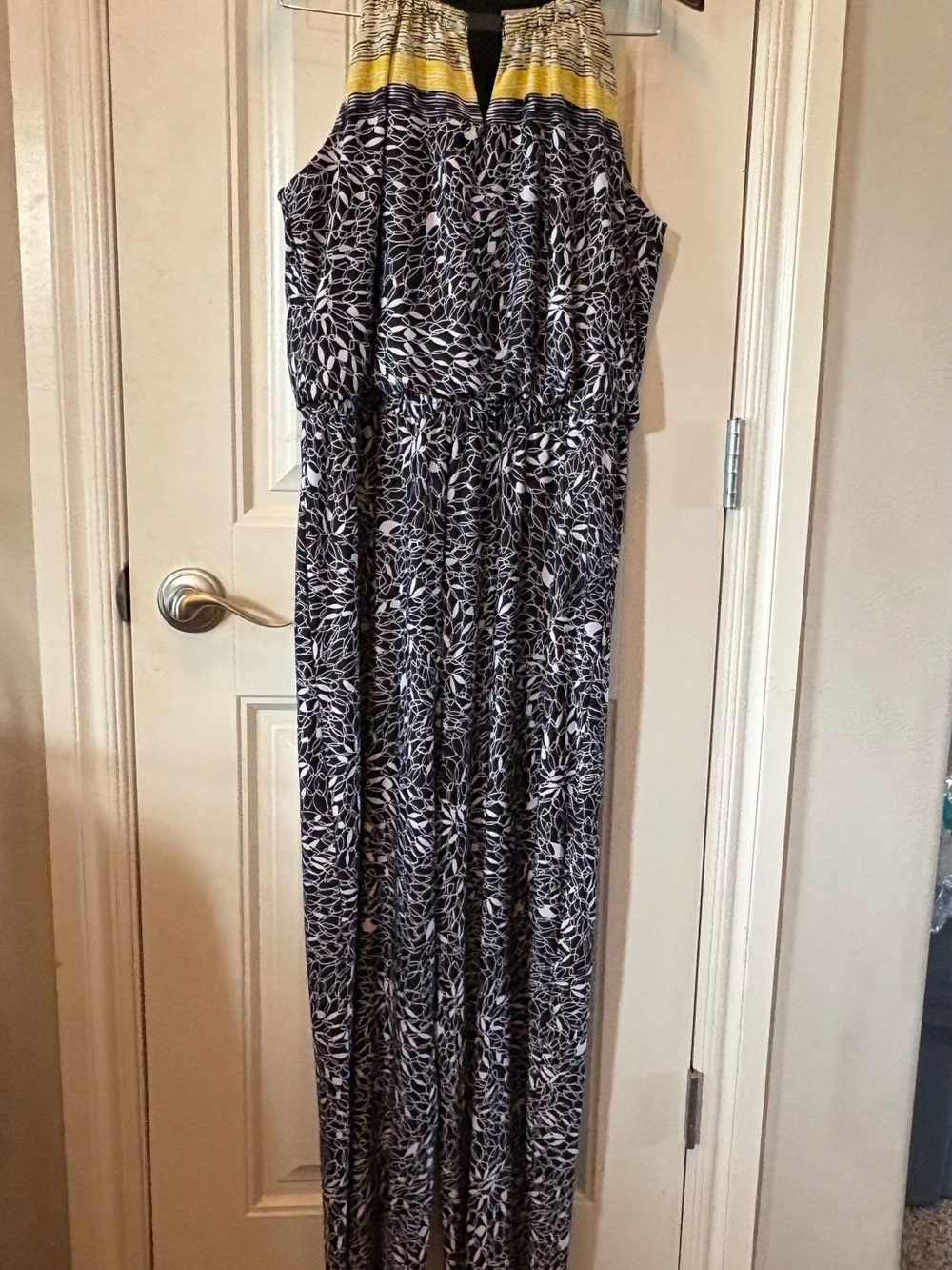 Shelby & Palmer Black and White Printed Maxi Dress with Yellow Trim